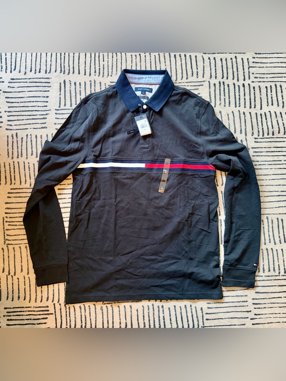 Tommy Hilfiger Men’s Black Long-Sleeve Polo with Red, White & Blue Stripe
